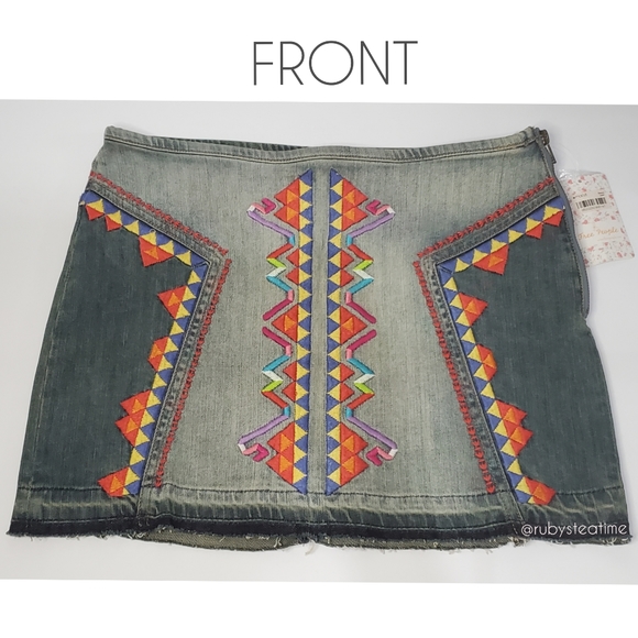 FREE PEOPLE Festival Staple, Aztec Tribal Embroidered Denim Mini Skirt, … - Picture 2 of 9